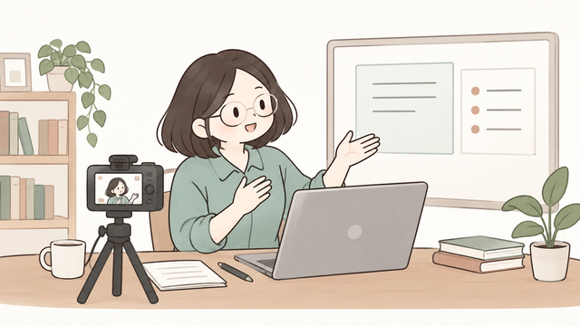 온라인 수업을 진행하는 강사가 카메라와 노트북 앞에서 설명하는 모습의 2D 일러스트