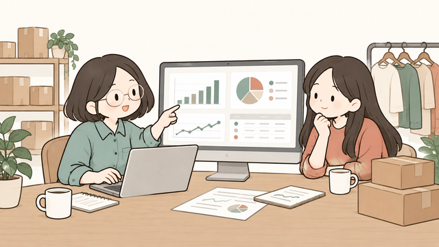 온라인몰 매출자료와 카드결제 데이터를 대시보드로 확인하는 2D 일러스트