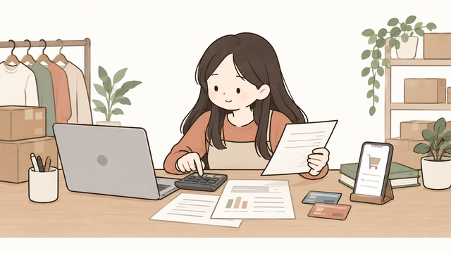 온라인 쇼핑몰 사업자가 카드매출, 계좌이체, 쇼핑몰 매출 자료를 점검하는 2D 일러스트