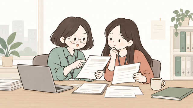 기타소득 간이지급명세서 관련 서류를 검토하는 직장인 2D 일러스트