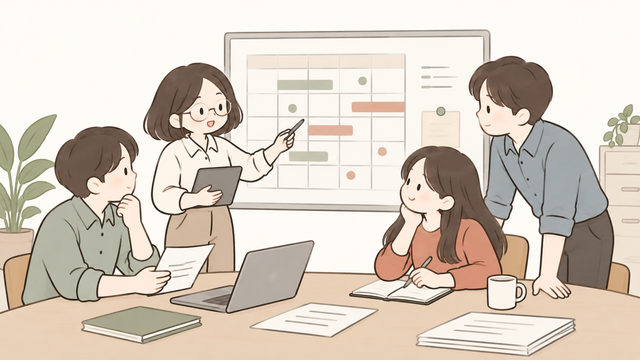 급여 및 제출 일정을 보드로 확인하며 계획을 세우는 오피스 팀의 2D 일러스트