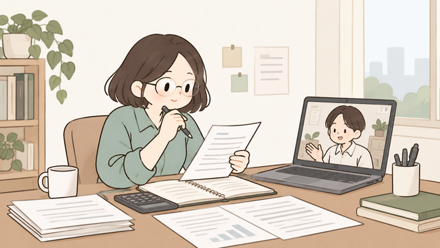 Office worker reviewing withholding tax preparation documents during a remote video meeting