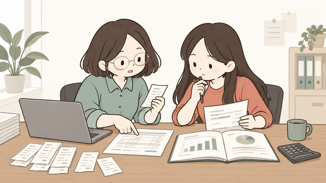상반기 매출자료 정리를 위해 영수증, 입금내역, 매출 보고서를 비교하며 검토하는 사무실 일러스트