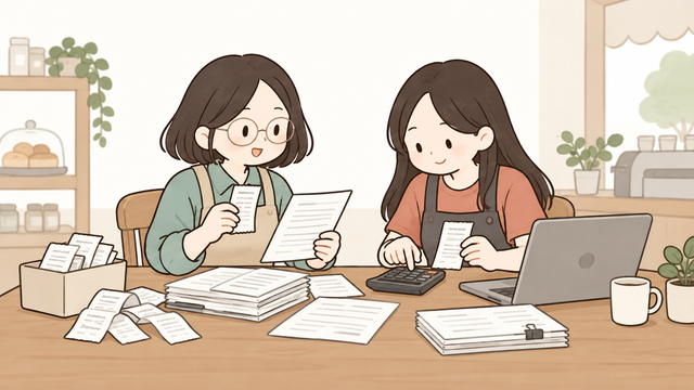 영수증과 지출 서류를 정리하며 부가세 환급 준비를 하는 소상공인 2D 일러스트