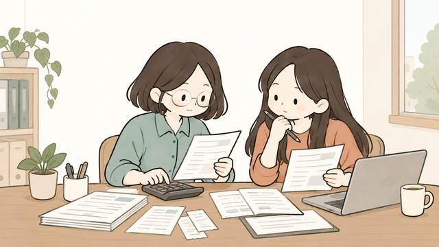 계산기와 서류를 보며 부가세 환급 항목을 확인하는 여성 직장인 2D 일러스트