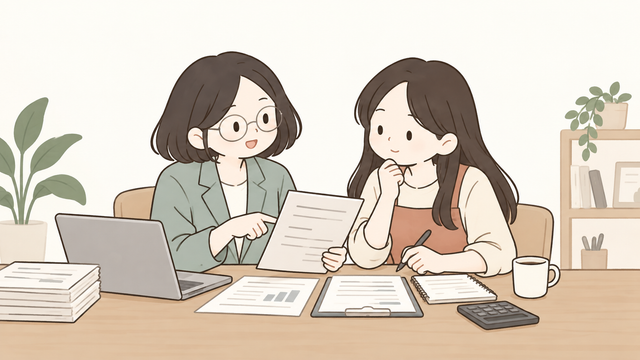 간이과세자 부가세 신고 자료를 세무 전문가와 함께 검토하는 모습