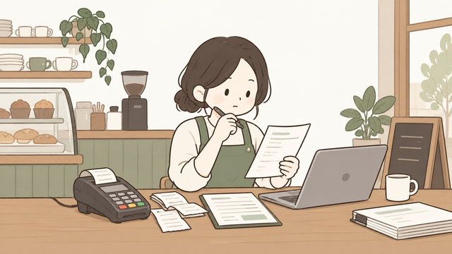 소규모 매장 운영자가 카드단말기와 매출 자료를 확인하며 최종 부가세 납부세액을 검토하는 모습