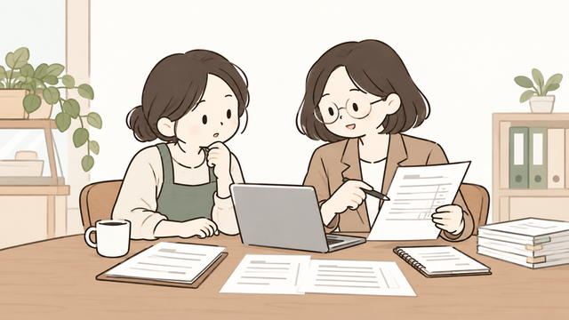 사업자와 세무전문가가 전자세금계산서 매출 누락 자료를 검토하는 모습