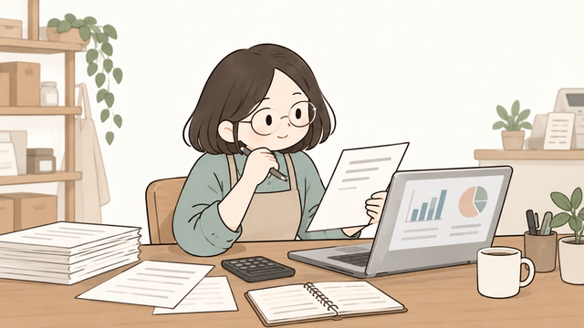 부가세 신고도움자료를 확인하며 노트북 화면의 매출·매입 분석 자료를 검토하는 사업자 일러스트