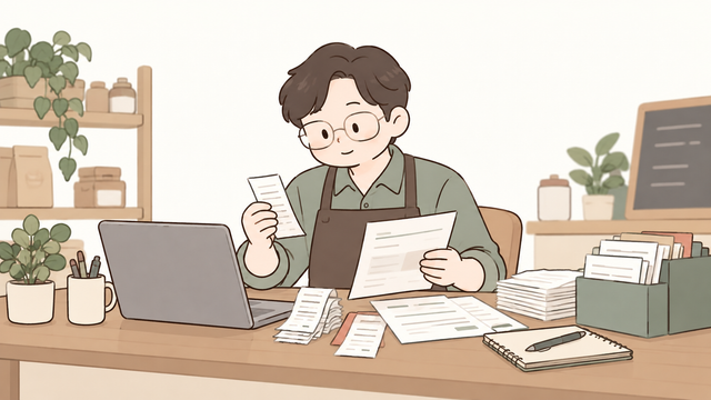 중년 사업자가 노트북 앞에서 영수증과 세금계산서를 분류하며 부가세 신고 자료를 정리하는 모습