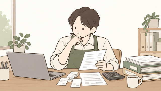부가세 환급 관련 서류와 영수증을 검토하는 남성 사업자 2D 일러스트