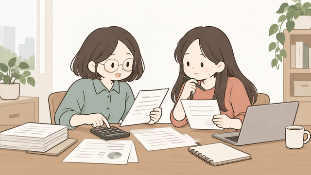 계산기와 서류를 보며 부가세 환급 항목을 확인하는 여성 직장인 2D 일러스트