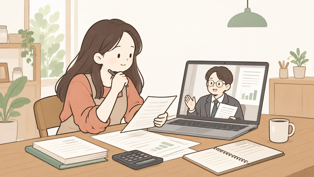 노트북 화상회의로 세무 상담을 받으며 부가세 환급 내용을 점검하는 사업자 2D 일러스트