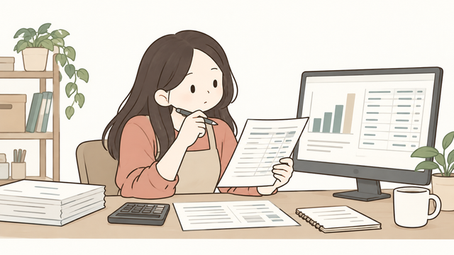 여성 사업자가 모니터의 그래프와 회계 자료를 비교하며 매출세액과 매입세액을 검토하는 모습