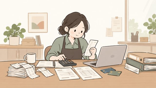 부가세 신고 전 영수증과 계산서, 카드 내역을 정리하며 매출·매입 자료를 확인하는 일러스트