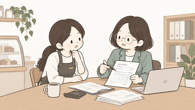 서비스업 사업자가 세무 전문가와 부가세 신고 자료를 상담하는 모습