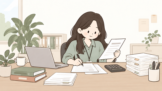Office worker reviewing withholding tax documents and organizing paperwork at a desk