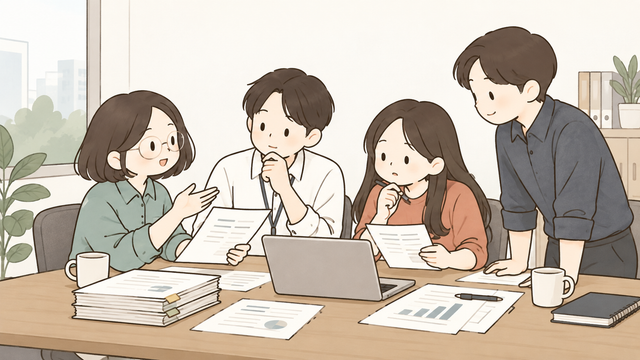 Team discussing withholding tax reports and payroll documents in a meeting room